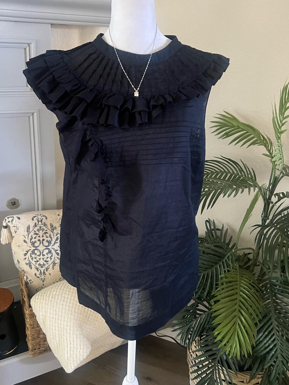 Sisley Navy Ruffle Pintuck Shell Top
